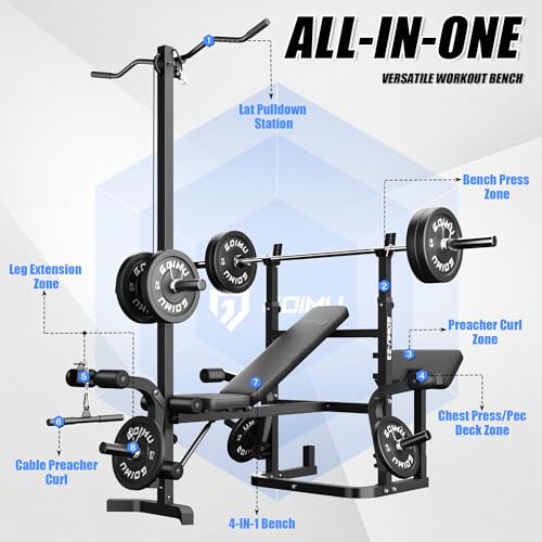Z3 900LBS Olympic Weight Bench Set with Leg Extension, 9 in 1 Workout Press with Preacher Curl Pad and LAT Pulldown, Strength Training Bench for Home Gym - color: 120lbs Plates and Bar