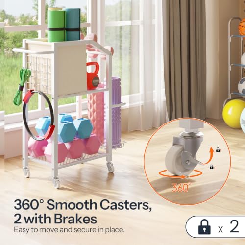 HOOBRO Dumbbell Rack, Weight Rack for Dumbbells, Yoga Mat Storage Rack, Home Gym Storage Rack for Dumbbells Kettlebells Foam Roller, Workout Storage Organizer with Wheels & Hooks - color: White