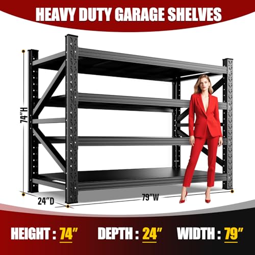 79" W Heavy Duty Metal Garage Shelving, 74" Hx79 Wx24 D, 4-Tier Adjustable Storage Shelves for Garage Storage, Industrial Metal Shelving & Shelves Organizer for Warehouse, Workshop & Home - size: 24"Dx79"Wx74"H