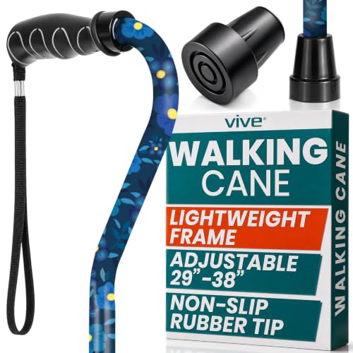 Vive Walking Cane for Women, Men, Elderly - Patented Offset Grip - Lightweight Adjustable Walking Aid with a Non-Slip Tip - Sturdy Balancing Mobility Aid for Seniors - color: Blue Floral