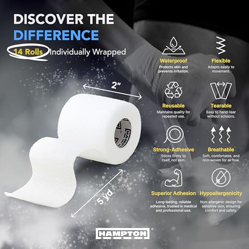 Hampton Adams | As Seen on Shark Tank | Self Adhesive Bandage Wrap (14-Pack) | 15ft | Pet Safe | Breathable Athletic Elastic Cohesive Bandage for Sports Injury Ankle Knee Wrist sprains (White) - color: White