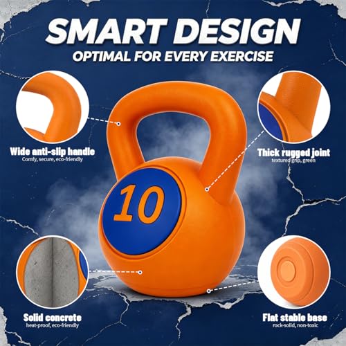 Single Kettlebells, Coated Cast Iron Kettlebell Weights with Wide Grip Handle & Flat Bottom, Strength Training Equipment for Swings, Squats, Deadlifts, Push-Ups & Home Gym Workouts - color: Orange-10 LB