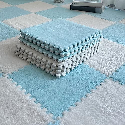 10pcs Plush Puzzle Foam Floor Mat, Soft Fluffy Interlocking Square Foam Tiles Area Rugs Carpet for Parlor Bedroom Decoration(11.8x11.8in, Blue&White) - color: Blue&white