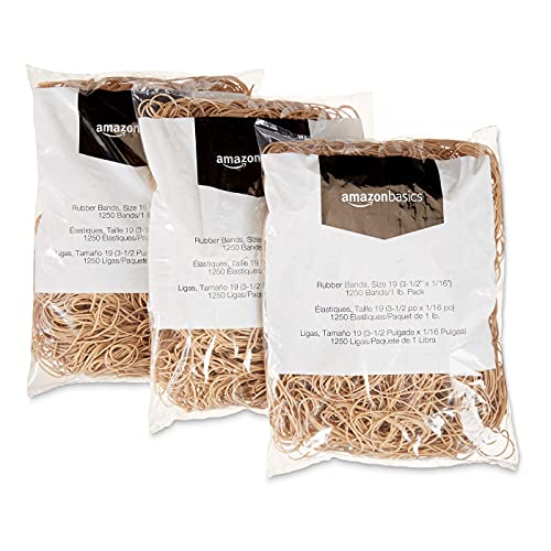 Amazon Basics Rubber Bands, Office Supplies, Size 19 (3-1/2 x 1/16 Inch), Stretchy, 1250 Bands/1 lb. Pack, 3-Pack, Tan - size: Size 19, style: 3-Pack
