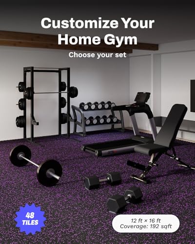 AIRHOP 0.56in Thick 192 Sq Ft Exercise Equipment Mats, 48 Tiles Upgraded Rubber Top with High Density EVA Foam, Large Interlocking Puzzle Gym Flooring for Home Gym, Heavy Weight Workout, 24 x 24in - color: Black/Purple, size: 192 Sq Ft (48 Tiles)