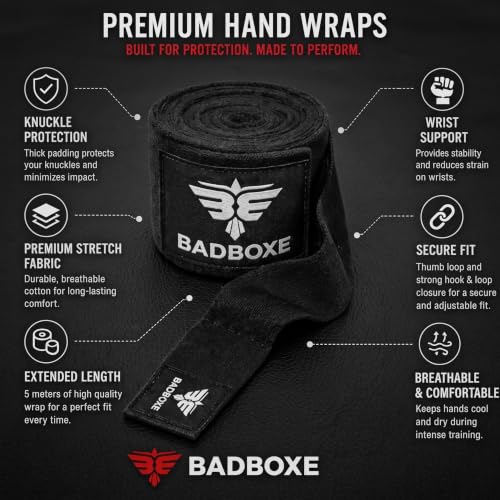 TWISTER FIGHT WEAR Boxing Hand Wraps 180" (4.5 Meter) – Premium Cotton-Polyester Blend with Thumb Loop and Hook & Loop Closure for Boxing, MMA, Muay Thai & Kickboxing - color: Black (1 Pair)