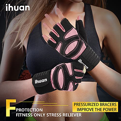 ihuan Ventilated Weight Lifting Gym Workout Gloves with Wrist Wrap Support for Men & Women, Full Palm Protection, for Weightlifting, Training, Fitness, Hanging, Pull ups - color: Pink, size: Large