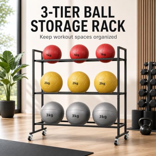 3 Tier Medicine Ball Rack with Wheels, Rolling Weight Ball Storage Stand for Home Gym with 20 lbs Capacity Per Shelf, Heavy Duty Fitness Holder for Slam Balls Wall Balls Exercise Balls, Indoor/Outdoor