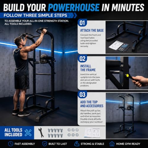 BARWING Pull Up Bar Station, Power Tower, Dip Station with 3D Backrest, Multi-Function Strength Training Stand Rack, Adjustable Height Dip Bar for Home Gym Workout Stand Fitness Exercise Equipment - color: P007C-B
