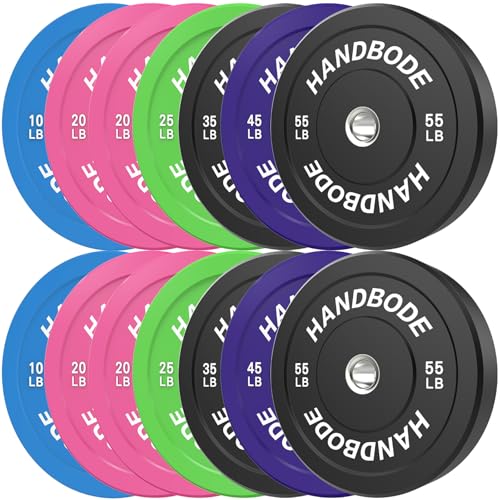 HANDBODE 2-Inch Weight Plates High Bounce, Olympic Bumper Plate Set 45/100/160/190/260/300lb, Colored Weight Plates Set for Home Gym, Barbell Weights Rubber Strength Training Plate for Weight Lifting - size: 420 lb Set (Pair of 10, 20, 20, 25, 35, 45, 55