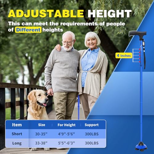BigAlex Folding Walking Cane for Elderly Adjustable & Portable Walking Stick for Seniors,Pivoting Quad Base,Lightweight,Collapsible with Carrying Bag for Men/Woman - color: Blue(4'9"-5'6")