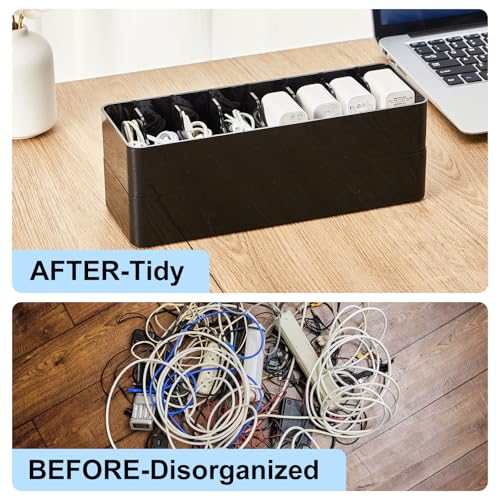 Tatuo 2 Pcs Cord Organizer for Drawer Desktop, Cable Organizer Box with 8 Compartments and Wire Ties, Plastic Charger Storage with Lid, Electronics Case for Home Office Accessories (Small,Black) - color: Black