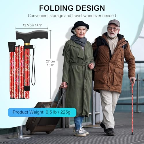 supregear Folding Cane, Lightweight 5-Level Adjustable Walking Stick with Wrist Strap and T-Handle, Portable Mobility Aid for Elderly and Disabled Men and Women - color: Floral Red