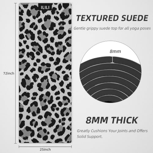 ILILI Yoga Mat Leopard Print Yoga Mat 8mm, Suede & TPE Thick Exercise Mat, Workout Mat for Women Men, 72''x25'' Fitness Mat with Strap for Home Gym, Yoga, Pilates, Stretching - color: Grey