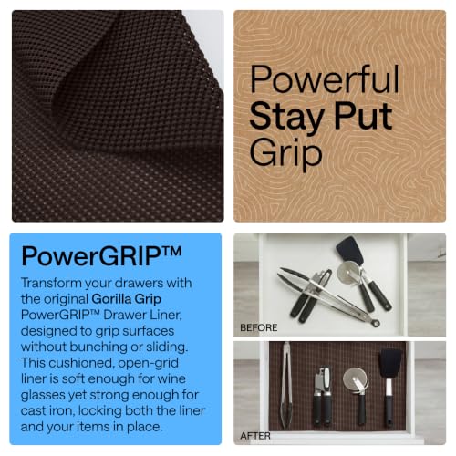 GORILLA GRIP powerGRIP Drawer Shelf and Cabinet Liner, Thick Strong Hold, Non-Adhesive Liners Protect Kitchen Cabinets and Cupboard, Bathroom Drawers, Easy Install, Breathable Mat, 12" x10', Chocolate - color: Chocolate, size: 12" X 10', style: 12" x 10'