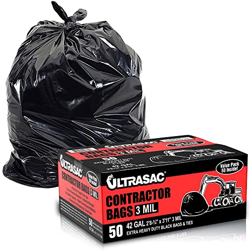 Ultrasac Contractor Bags, 42 Gallon, 32.75" X 47" - 3 MIL Thick Large Black Trashbags for Construction and Commercial use - (1 Pallet of 112 Cases, 5600 Bags Total), 50 Ct. (719963) - size: 1 Count (Pack of 5600)