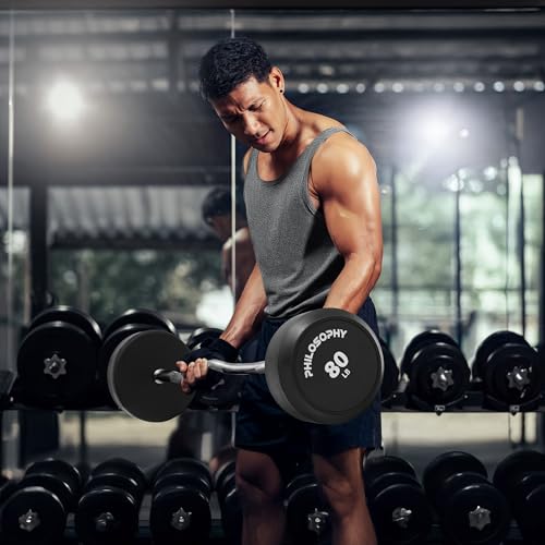 Philosophy Gym Rubber Fixed Barbell, Pre-Loaded Weight EZ Curl Bar for Strength Training & Weightlifting - style: 80 LB