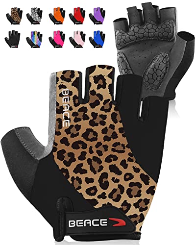 BEACE Gloves for Cycling Bike Biking Half Finger Road Bicycle for Men and Women-5MM Breathable Anti-Slip Shock-Absorbing Pad Gym Motorcycle Light Weight Mountain Bike Gloves - color: Leopard, size: Medium