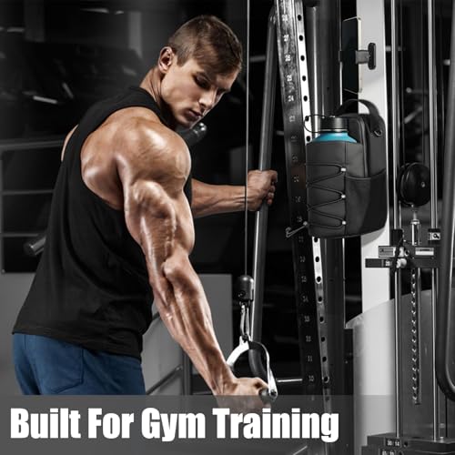 Magnetic Gym Bag with Phone Holder, Water Bottle Carrier, 4 N52 Magnets | Phone holder is stored inside the interior pocket; front elastic cords secure a damp towel and pockets organize essentials.