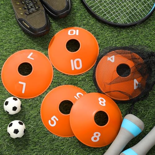 10 Pcs Numbered Sports Disc Cones 1-10 Soccer Cones with Mesh Carry Bag Flexible Agility Cones Soft Field Cones for Gym PE Classes School Activities Games, Sports Training Equipment - color: Orange