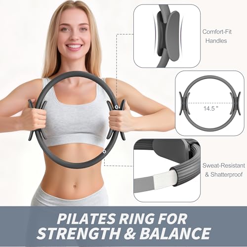 NANATI Pilates Kit, Home Pilates Workout Kit for Women, Pilates Equipment with 14.5" Pilates Ring and Ball, Resistance Bands, Ankle Weights, Sliders & Grip Socks for Home Workouts - color: Grey
