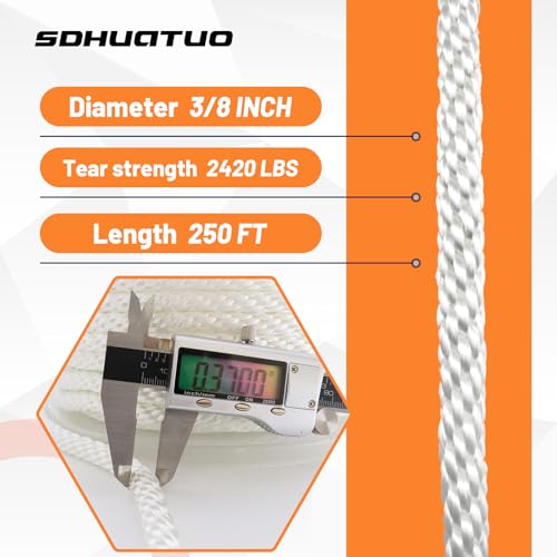 SDHUATUO 3/8 Inch Nylon Solid Braided Rope, 250FT Polyester Cord White | 2420 lbs, UV Resistant & Wearproof, Soft Flexible Rope for Swings, Camping Tent, Flagpole, Outdoor Twine, Dog Leashes - color: White, size: 3/8''-250ft