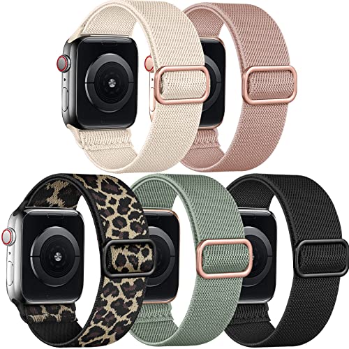 Adorve Stretchy Band Compatible with Apple Watch Bands Ultra 3/2/1 49mm 46mm 45mm 44mm 42mm 41mm 40mm 38mm Men Women, Soft Nylon Elastic Braided Strap Fits for iWatch Series 11/10/9/8/7/6/5/4/3/SE3-1 - color: Black/Sand Pink/Pine Green/Starlight/Leopard,