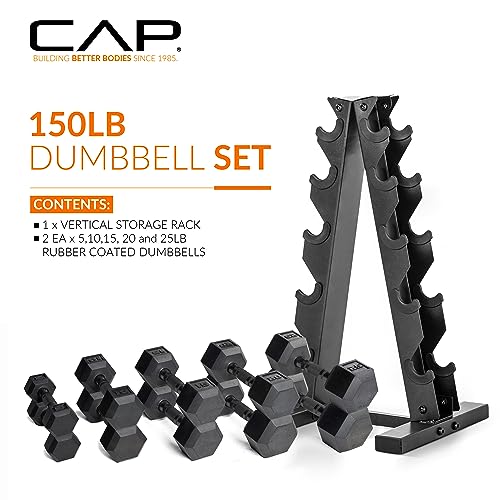 CAP Barbell 150 LB Coated Hex Dumbbell Weight Set with Vertical Rack | Multiple Options - color: Blue Rack, style: Black Handle