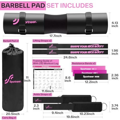 Sportneer Barbell Pad Set: 10 Pcs Squat Pad for Hip Thrusts, Lunges, Leg Day, Standard Olympic Bars with 2 Ankle Straps, 2 Lifting Straps, 3 Resistance Bands, Barbell Pad, Workout Poster and Carry Bag
