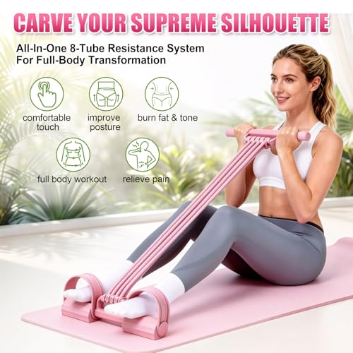 Multifunction Foot Pedal Resistance Bands with Handles, 3 in 1 Tension Rope Elastic Fitness Band for Home Workout, Yoga,Stretching, Full Body Exercise for Abs, Core, Waist, Arm, Leg - color: Pink