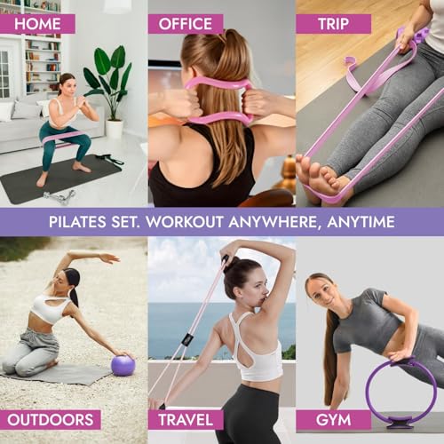 Pilates Ring and Ball Set with Video Tutorials, 10-in-1 Home Pilates Kit | Complete beginner-friendly workout kit for women to tone, strengthen and improve flexibility, balance and core at home - color: Luxury Purple