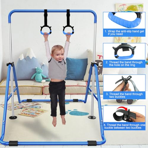 Tepemccu Gymnastics Bars, Adjustable Gymnastic Horizontal Bars for Kids | 5-Height Adjustable 34.8"-50.8", Foldable for Home Training, Include Children Gymnastics Rings and Bar Pad, Indoor Outdoor - color: Blue with mat