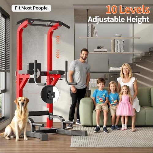 SogesHome Power Tower Pull Up Bar Dip Station for Home Gym 330LB Capacity | Adjustable Height 65.7"-87" Exercise Workout Machine with Comfort Pads & Anti-Slip Grips for Full Body Strength Training - color: Red