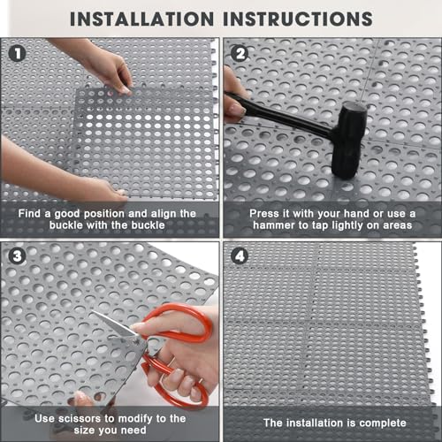 Drydiet 8 Pack Drainage Tiles Modular Interlocking Floor Tiles with 1 Pc Plastic Hammer 12" x 12" Cushion Mat Non Slip Rubber Floor mat with Holes for Pool Bathroom Deck Kitchen Patio (Gray) - color: Grey
