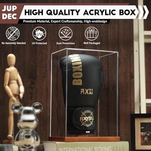 JupDec Boxing Glove Display Case, Clear Acrylic Showcase with Wood Base & Plank for Single Glove, Full Size UV Protection Souvenirs and Collectibles Box, Ideal Gift for Boxing Fans - size: 1 Pack
