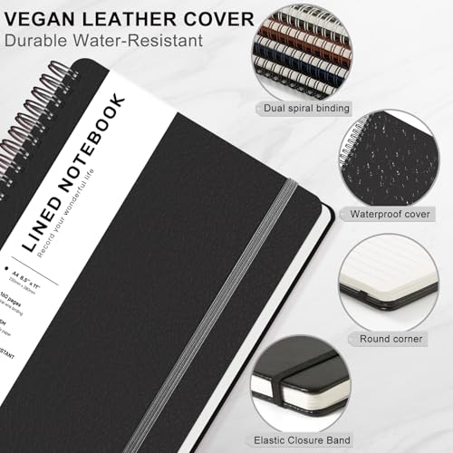ABERLLS Lined Spiral Journal Notebook with 160 Pages, 8.5×11in, A4 Spiral Notebook, Journaling Notebooks for Work, School, Women, Men, College Ruled Spiral Notebook, Hardcover Leather Journals, Black - color: Black, size: A4