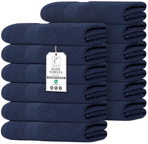 Commercial Bulk Pack of 12 Large Bath Towels – 100% Cotton Terry 24" x 50" – Ideal for Hotels, Salons, Gyms, Spas & Institutional Use – Navy Blue - color: Navy, size: 24"x50" - PK 12