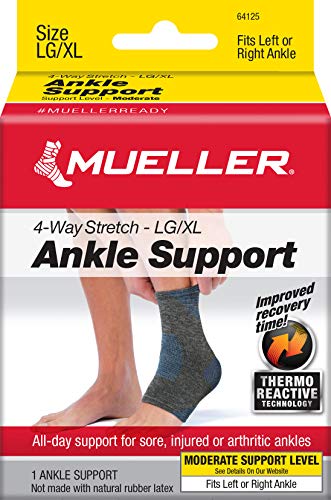 Mueller Sports Medicine FIR 4-Way Ankle Support Sleeve, Ankle Pain Relief Support for Men and Women, Ideal for Sprains, Strains, Arthritis, Black/Blue - size: Large/X-Large (Pack of 1)