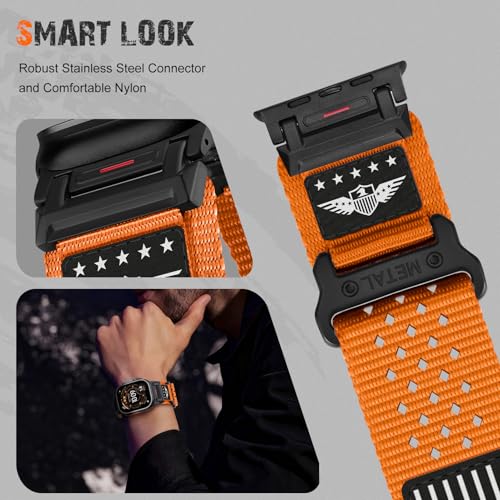 Rugged Nylon Band for Apple Watch Ultra 3/2/1 Series 11 10 9 8 7 6 5 4 SE/3/2/1 for Men,Breathable Stars-Stripes Flag Wristband Workout Athletic Strap for iWatch Ultra Bands 49mm 46mm 45mm 44mm 42mm - color: 03-Orange-Metal adapter, size: 49/46/45/44/42MM