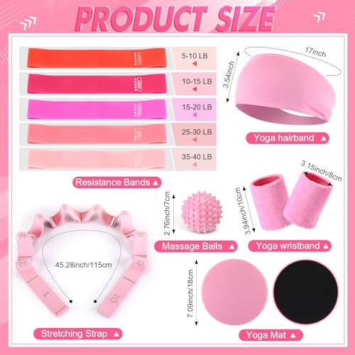 Poen 18 Pcs Home Pilates Kit for Women Pilates Ball and Ring Circle Set Yoga Fitness Essential with 5 Resistance Band Stretching Strap Non Slip Sock Ball Core Slider Wristband Headband Gym Bag - color: Pink