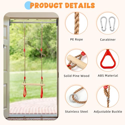 Trapeze Swing Bar for Kids, Wooden Swing Set Hanging Bar with Plastic Gym Rings, 2 Buckle Straps for Ninja Warrior Obstacle Course Trapeze Bar for Swing Set, Indoor & Outdoor Trapeze (Red) - color: Red