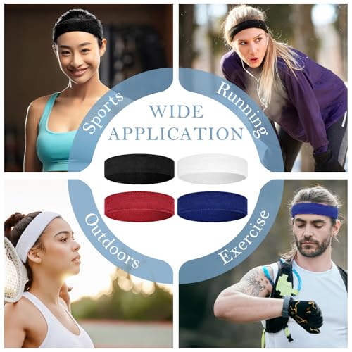 4 Pack Cotton Terry Sweat Headbands for Men Women Running Gym | 4 pack soft cotton terry headbands, Stretch 7 to 15 inches, Sweat-wicking, stays put for running, tennis, basketball & yoga - color: Black/Red/White/Blue