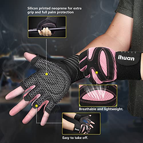 ihuan Ventilated Weight Lifting Gym Workout Gloves with Wrist Wrap Support for Men & Women, Full Palm Protection, for Weightlifting, Training, Fitness, Hanging, Pull ups - color: Pink, size: Small