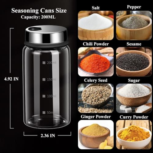 Verdental 7 oz Salt Pepper Shakers with 3 Adjustable Outlet Holes | Glass Spices Jar, Sugar Seasoning Cans for Kitchen, Restaurant, Baking, Dessert and Coffee Shops, BBQ Camping - size: 200ML(2.36*4.92 IN)