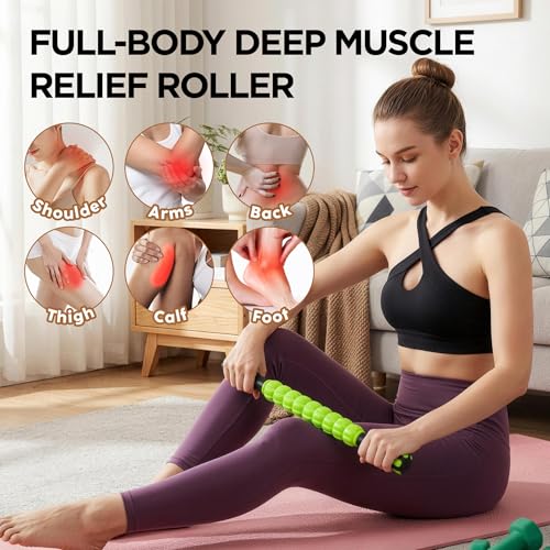 Muscle Roller & Massage Roller Stick for Athletes - Lymphatic Drainage Support, Relieves Muscle Soreness, Cramping & Tightness - Targets Legs, Arms, Back & Calves （Green ） - color: Green