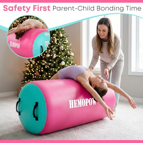 Inflatable Gymnastics Air Barrel Roller with Electric Pump, Heavy Duty PVC Tumbling Barrel Back Handspring Trainer, Air Tumble Track Mat for Home Gym, Cheerleading, Yoga Practice - color: Pink & Green, size: 3.3'L x 2'D
