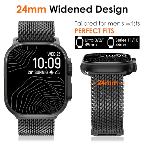 WINGLE Milanese Loop for Apple Watch Band Ultra 3/2/1 Band Ultra 49mm Series 11 10 46mm 45mm 44mm SE 3/2/1 Series 9 8 7 6 5 4 3 Men Women,Parachute-Style Buckle Stainless Steel Mesh Metal iWatch Bands - color: Black