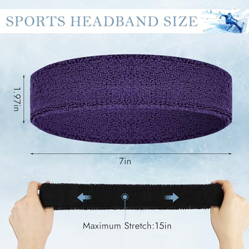 4 Pack Cotton Terry Sweat Headbands for Men Women Running Gym | 4 pack soft cotton terry headbands, Stretch 7 to 15 inches, Sweat-wicking, stays put for running, tennis, basketball & yoga - color: Black/Gray/Purple/White