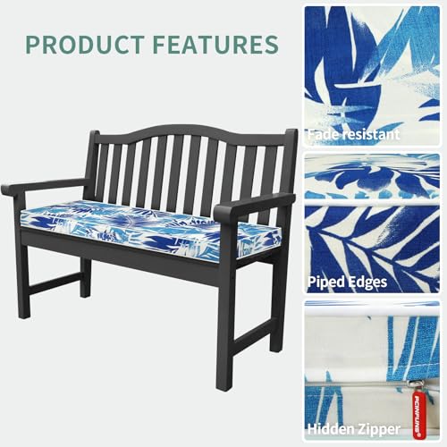 Outdoor Bench Cushion 48 x 18 inch Water-Resistant Patio Furniture Cushions for Garden Swing Porch Sofa Settee Pads with Handle and Adjustable Straps, Blue Leaf - color: Leaf Blue, size: 48x18x3 Inch-Rectangle (1 Pack)