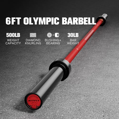 RITFIT Olympic Barbell 4ft/6ft - 2 Inch Weight Bar for Strength Training, Weightlifting, Squat, Deadlift, Bench Press, Curl, Overhead Press - 350lbs/500lbs Capacity - color: Black/Red, size: 6FT without Collar